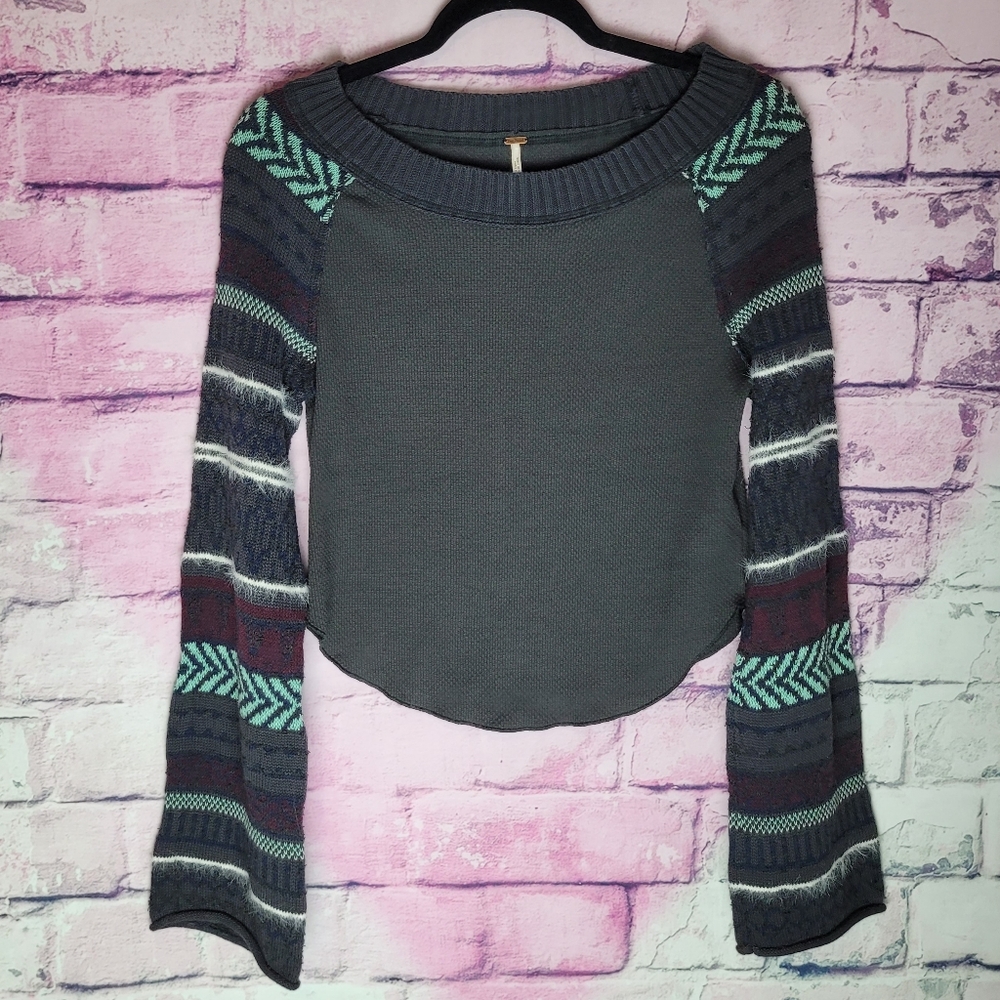 FREE PEOPLE FAIRGROUND THERMAL WASHED BLACK WIDE NECK PATTERNED BELL SLEEVES XS